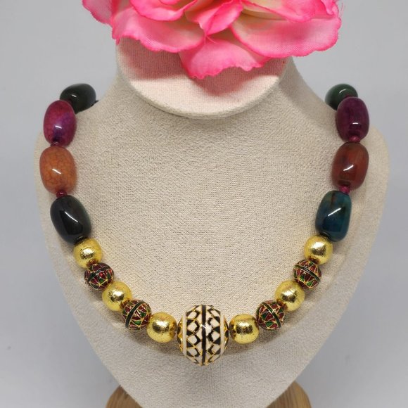 Enamel Cloisonne Crackle Agate Beaded Statement Necklace Gold Green Red Purple - Picture 2 of 14